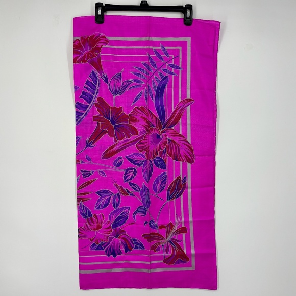Vintage Thai Raw Silk Square Scarf Fuchsia Pink Purple Floral with Silver Trim - Picture 1 of 9